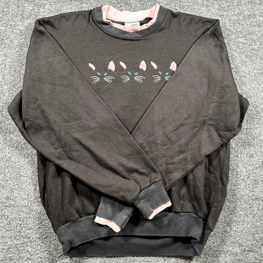 Acton Sweatshirt Womens Size M Black Pink Layered Neck Cat Graphic Vintage Rip